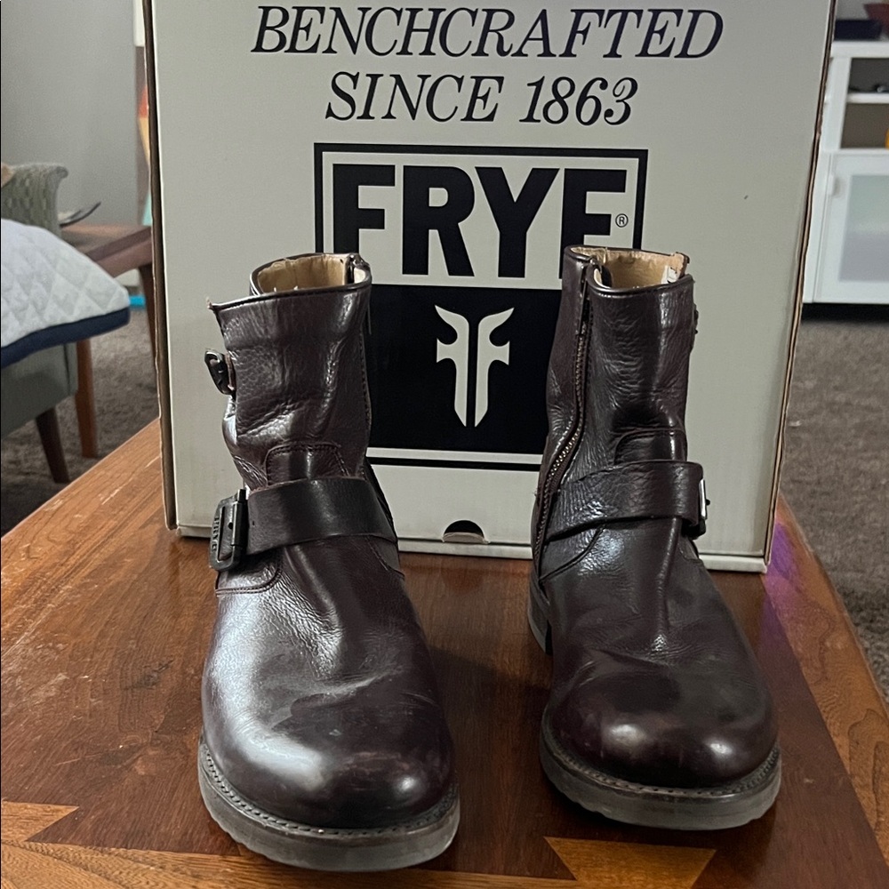 Frye VIV Short Engineer Rich Brown Leather Buckle Boots